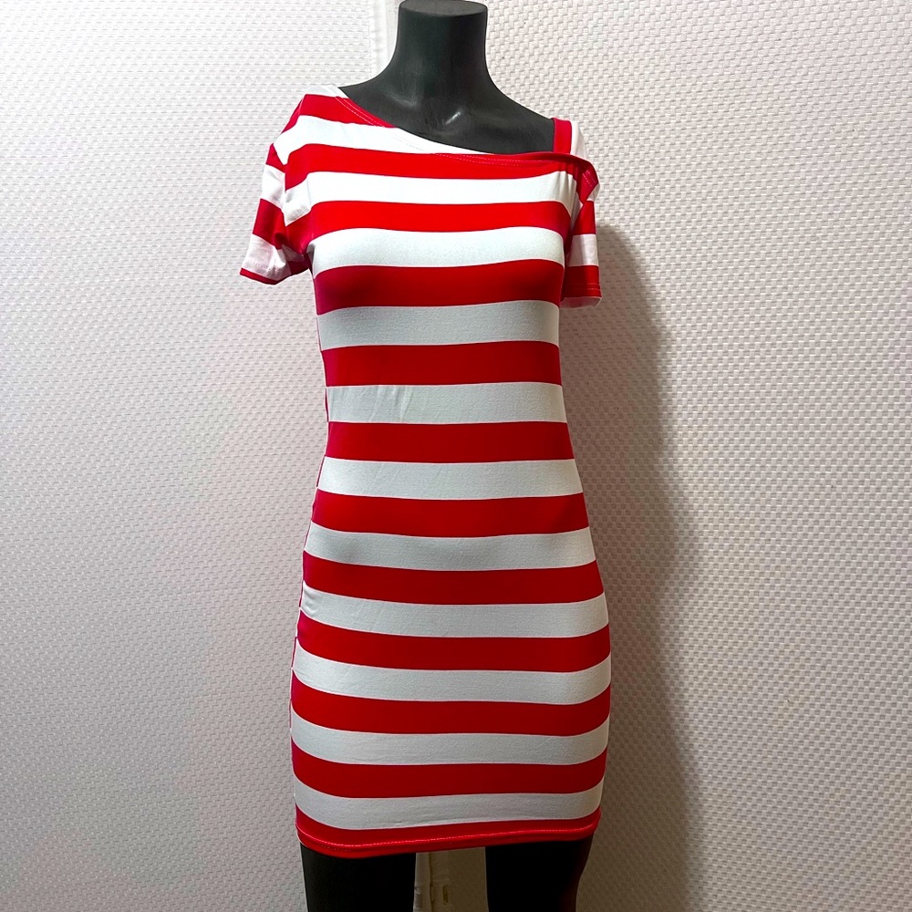 Short Sleeve Cold Shoulder Striped Mini Dress Red/white